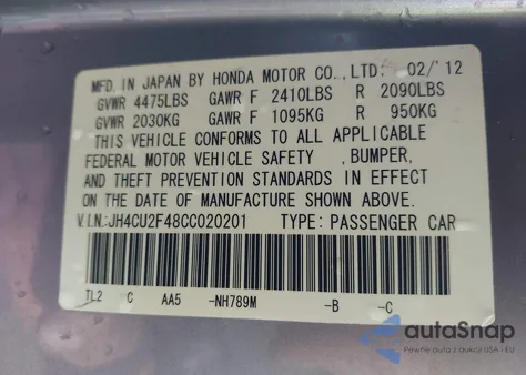 2012 Acura Tsx 2.4 z USA, uszkodzony, nr VIN JH4CU2F48CC020201